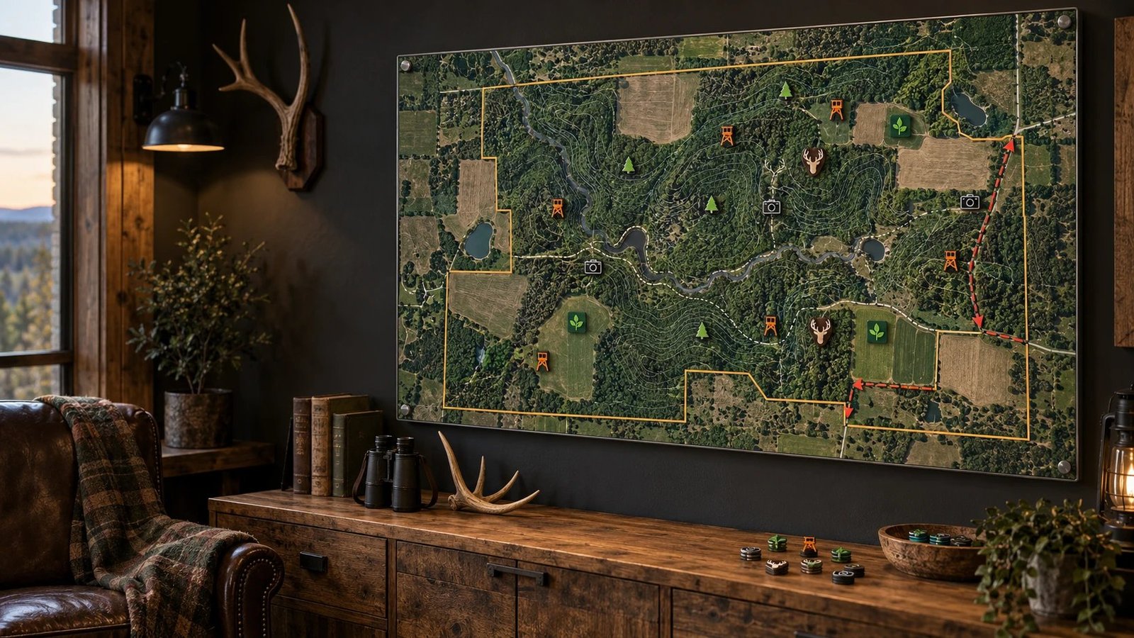 High-resolution property map displayed on a wall, marked with stand locations, trails, and terrain